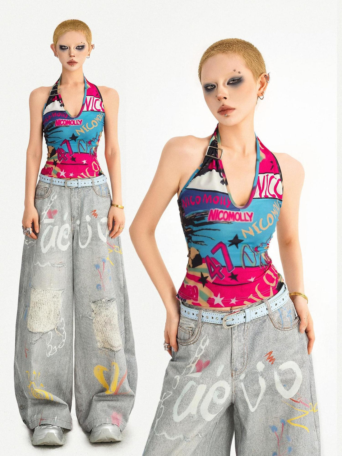 Nico Molly Backless Cropped Fitted Graffiti Letter V-neck Tie Women&