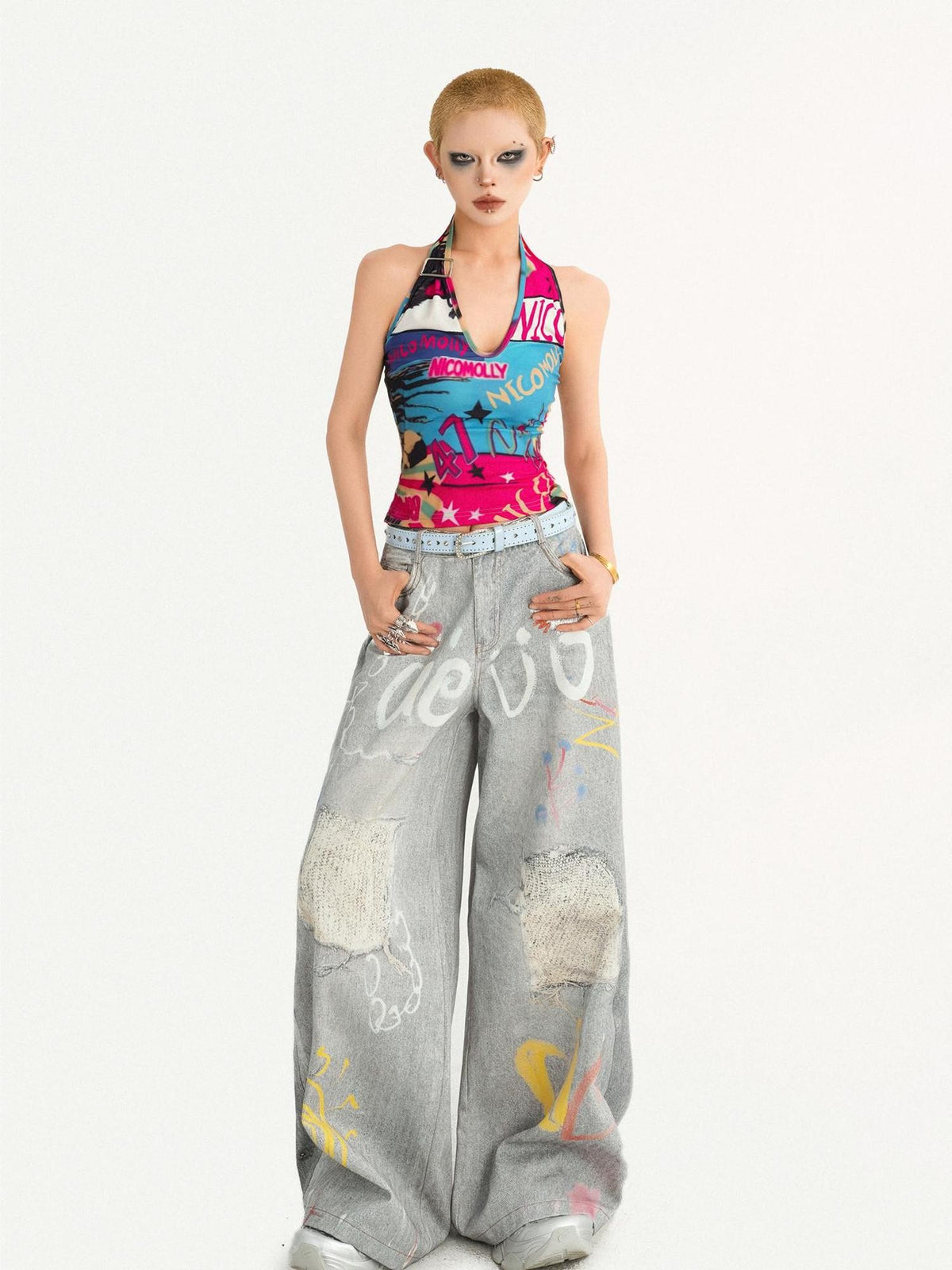 Nico Molly Backless Cropped Fitted Graffiti Letter V-neck Tie Women&