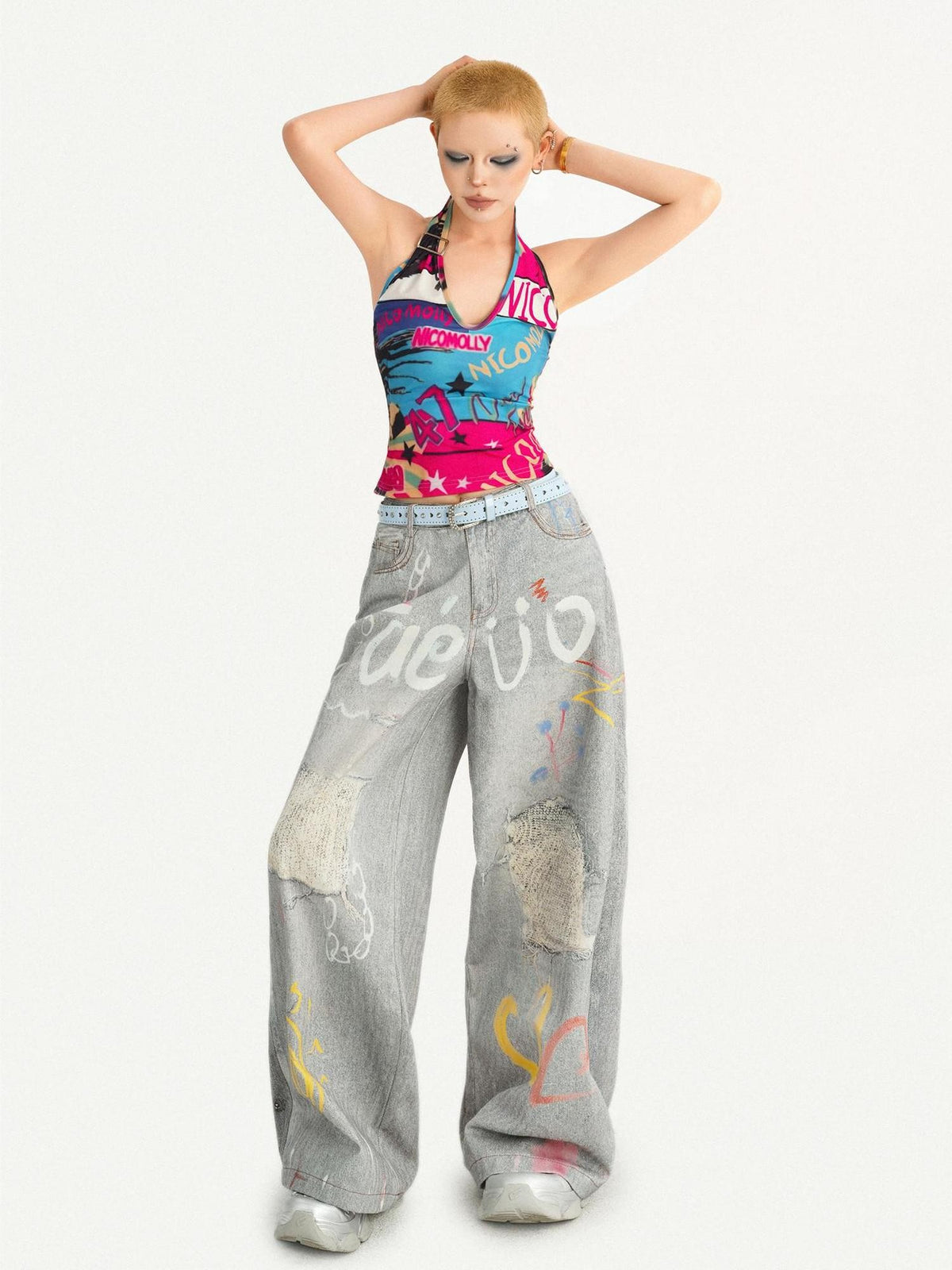 Nico Molly Backless Cropped Fitted Graffiti Letter V-neck Tie Women&