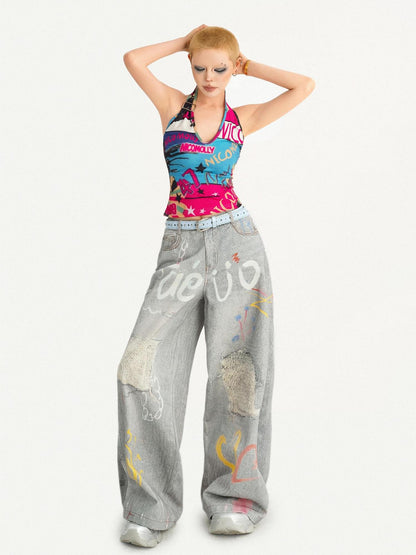 Nico Molly Backless Cropped Fitted Graffiti Letter V-neck Tie Women&
