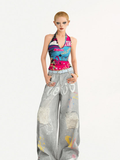 Nico Molly Backless Cropped Fitted Graffiti Letter V-neck Tie Women&