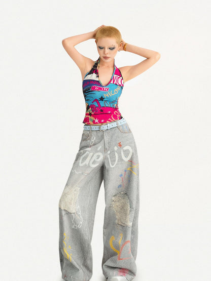 Nico Molly Backless Cropped Fitted Graffiti Letter V-neck Tie Women&