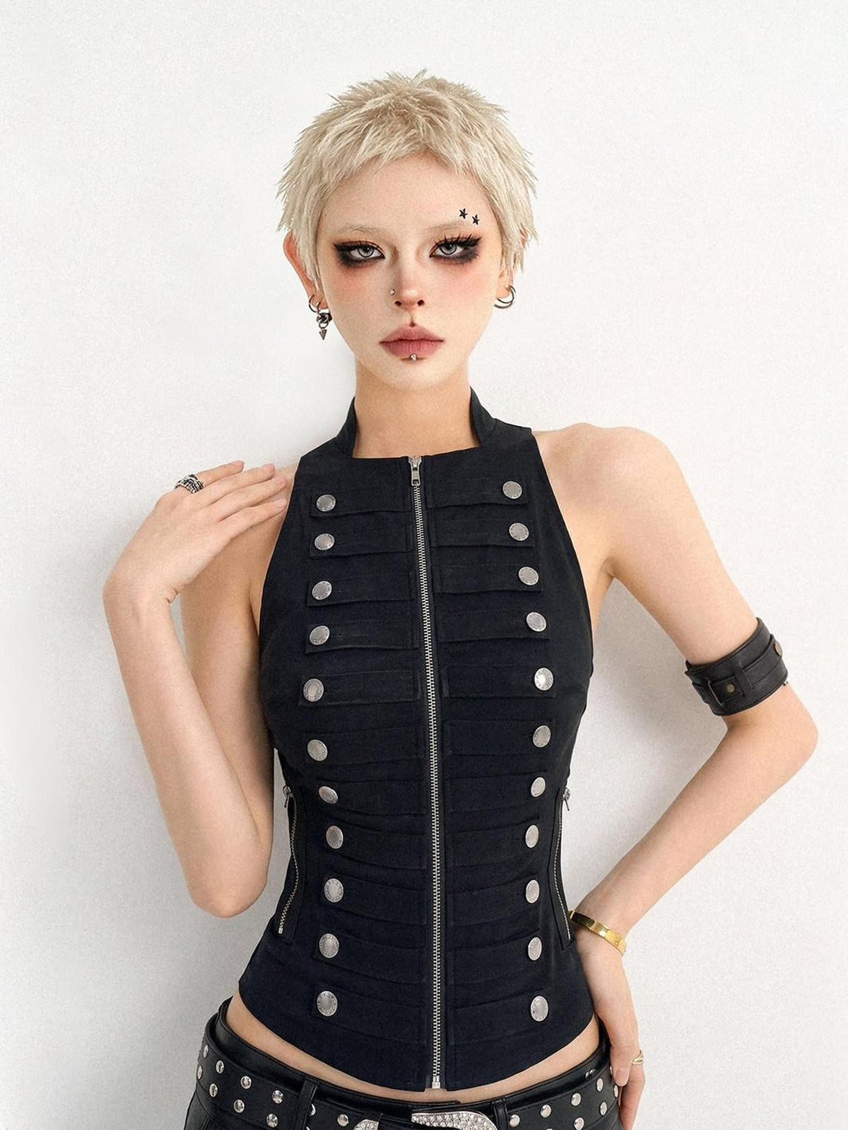 Nico Molly Black American Punk Double Row Buttons Zipper Sleeveless Slim Women&