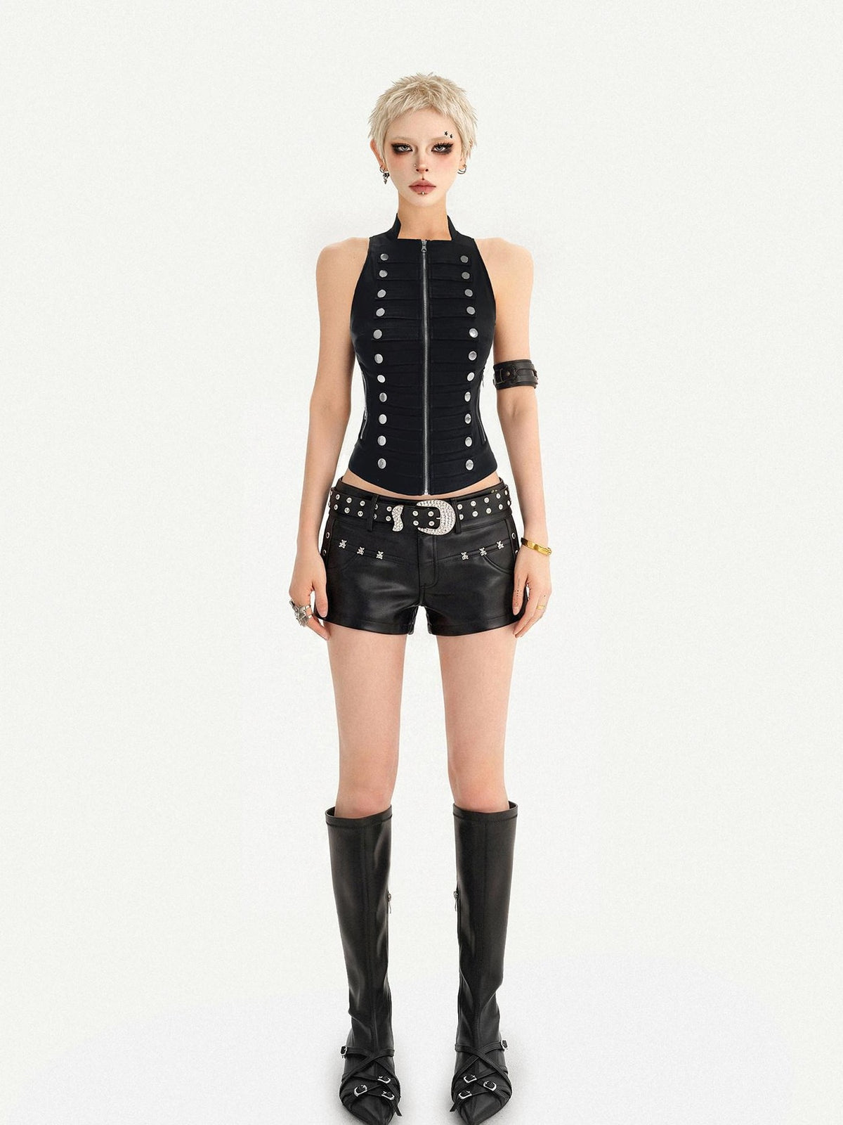 Nico Molly Black American Punk Double Row Buttons Zipper Sleeveless Slim Women&