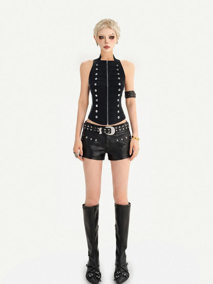Nico Molly Black American Punk Double Row Buttons Zipper Sleeveless Slim Women&