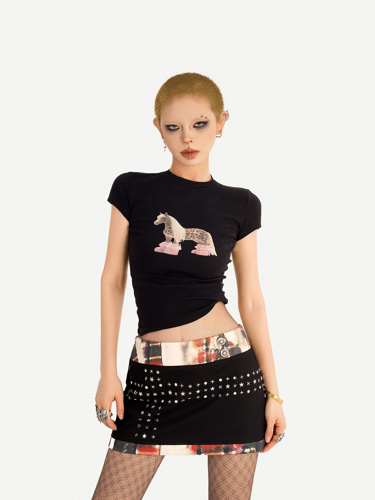 Nico Molly Black Animal Print Round Neck Short Sleeve Women&