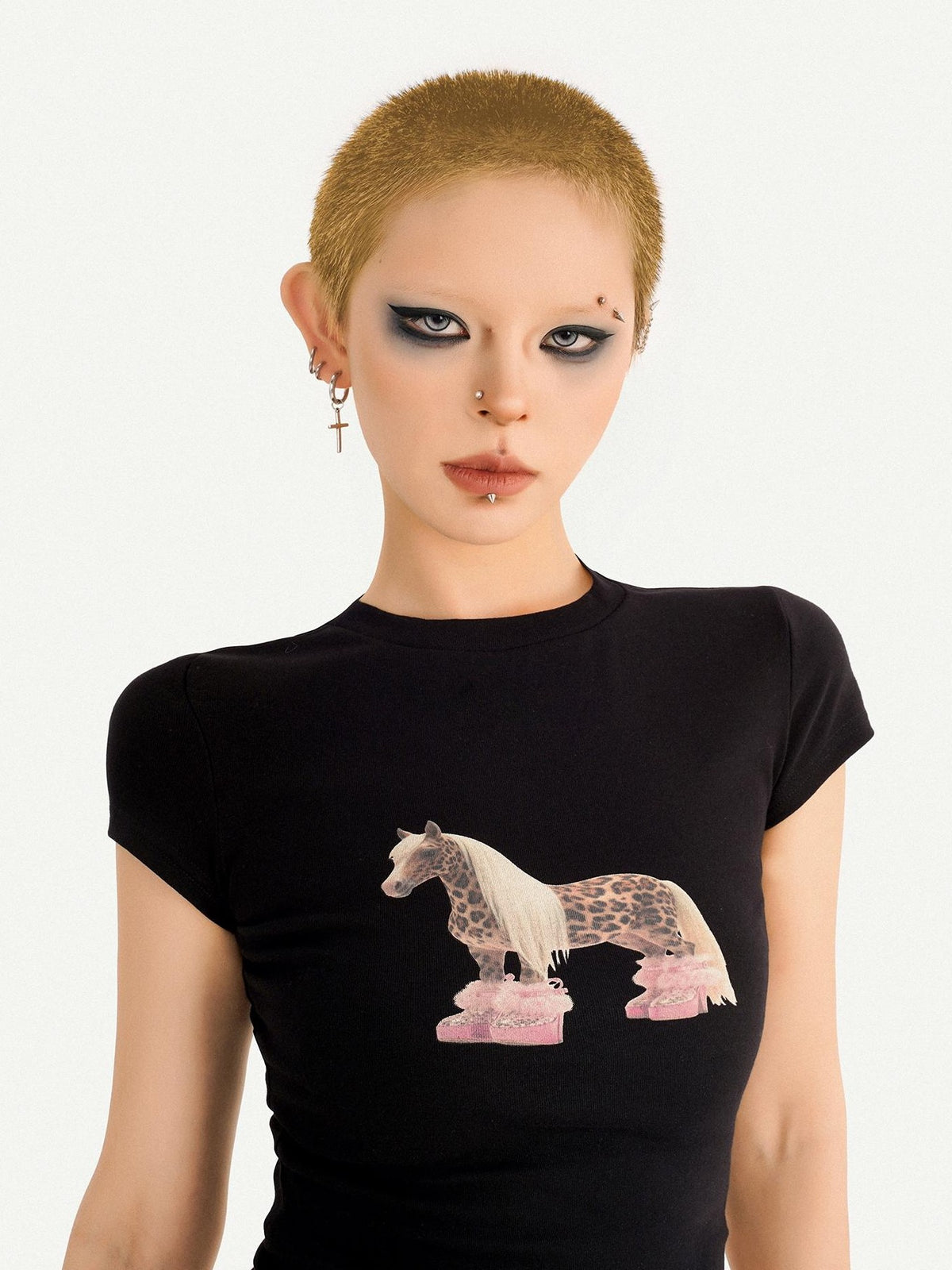 Nico Molly Black Animal Print Round Neck Short Sleeve Women&