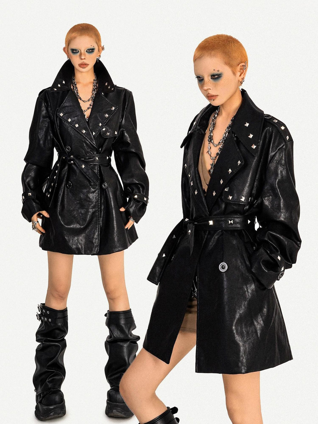 Nico Molly Black Biker Studded Mid Length Lapel Button Women&