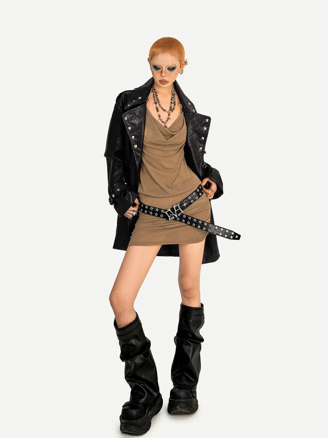 Nico Molly Black Biker Studded Mid Length Lapel Button Women&
