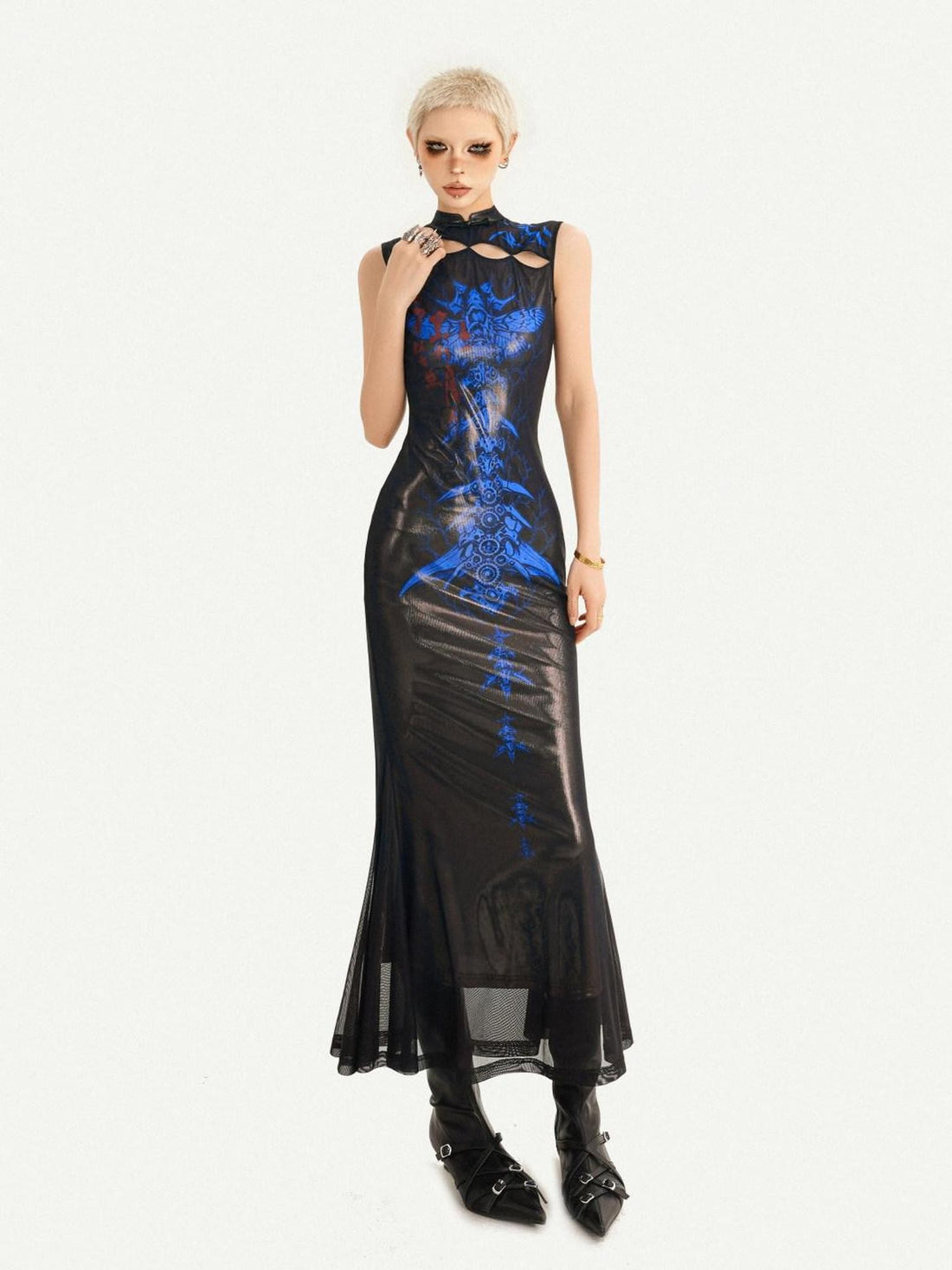 Nico Molly Black Blue Cyber Cutout Mandarin Mermaid Women&
