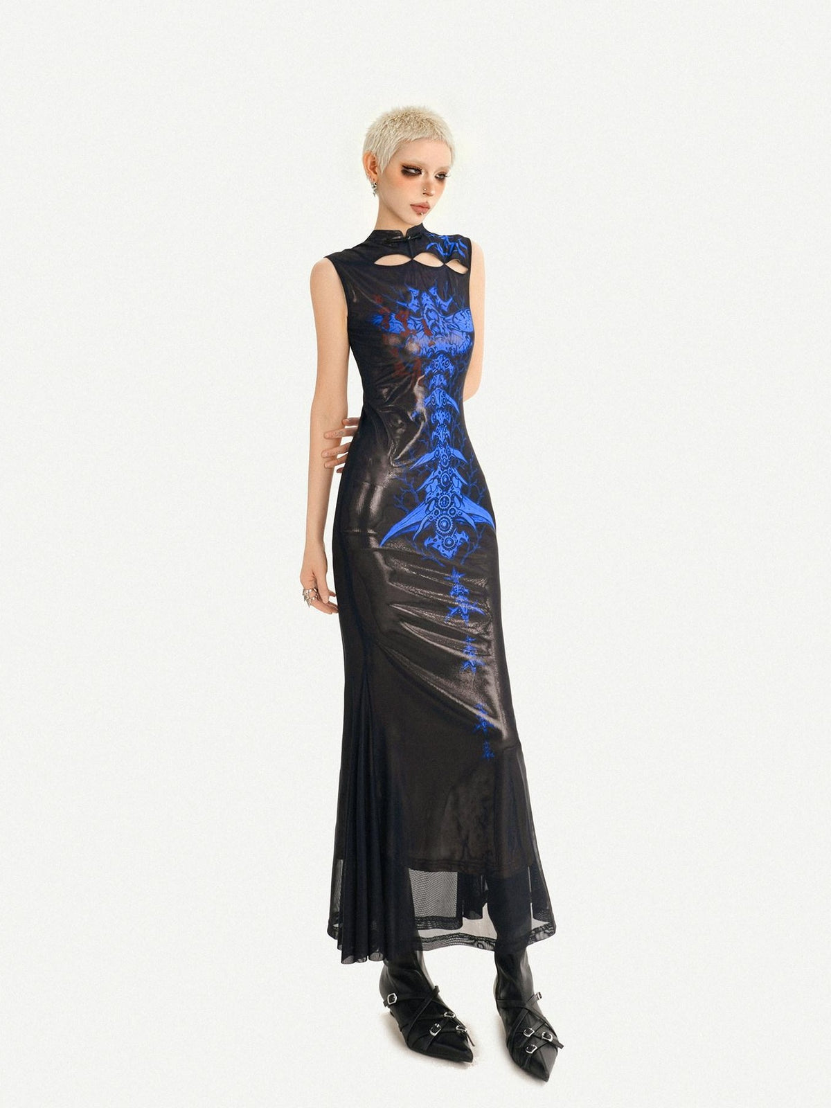 Nico Molly Black Blue Cyber Cutout Mandarin Mermaid Women&