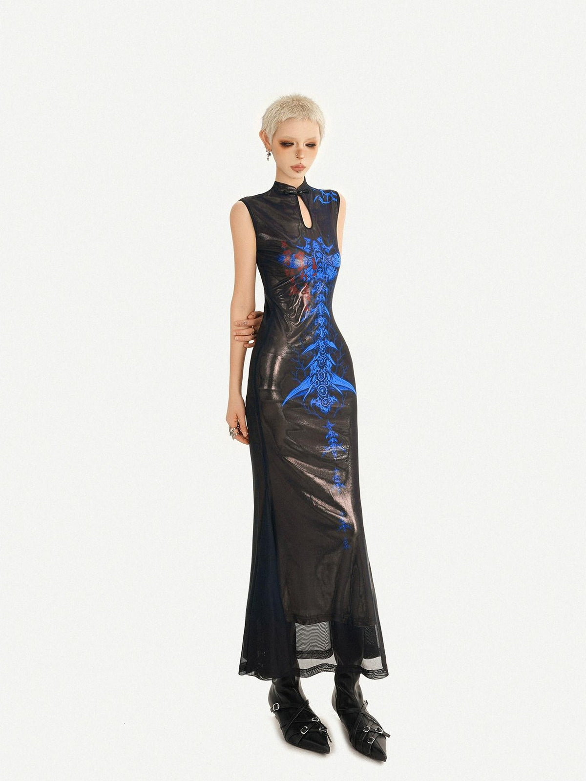 Nico Molly Black Blue Cyber Cutout Mandarin Mermaid Women&