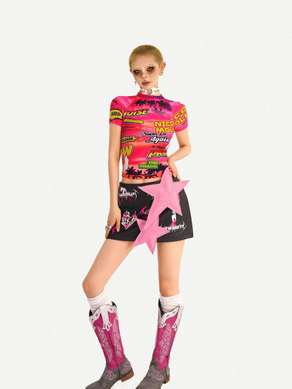 Nico Molly Black Cartoon Print Distressed Low Waist Bodycon Women&