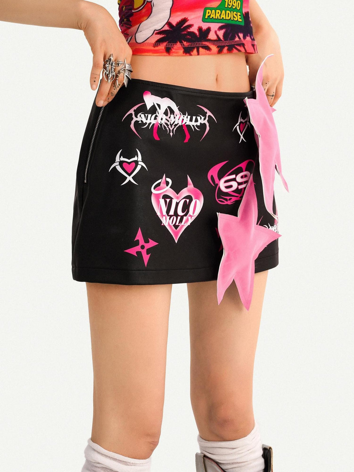 Nico Molly Black Cartoon Print Distressed Low Waist Bodycon Women&