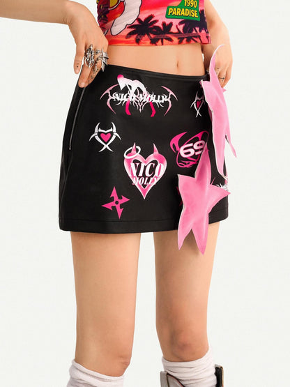 Nico Molly Black Cartoon Print Distressed Low Waist Bodycon Women&
