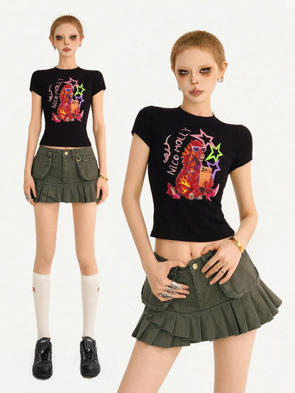 Nico Molly Black Cartoon Print Slim Fit Short Sleeve Round Neck Girlish Women&