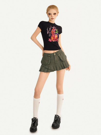 Nico Molly Black Cartoon Print Slim Fit Short Sleeve Round Neck Girlish Women&