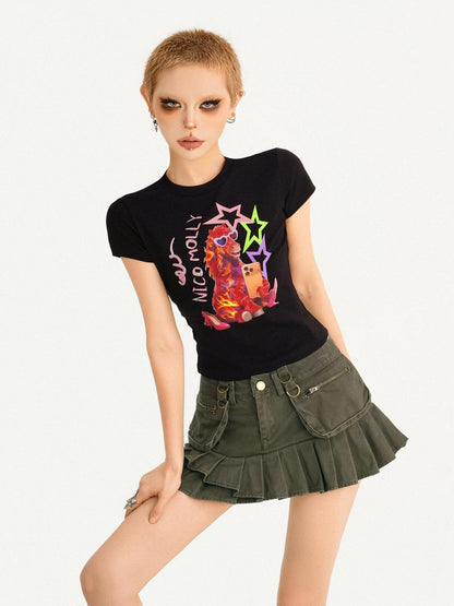 Nico Molly Black Cartoon Print Slim Fit Short Sleeve Round Neck Girlish Women&