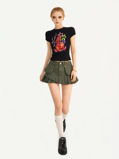 Nico Molly Black Cartoon Print Slim Fit Short Sleeve Round Neck Girlish Women&