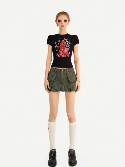 Nico Molly Black Cartoon Print Slim Fit Short Sleeve Round Neck Girlish Women&