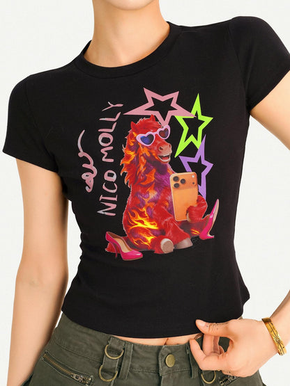 Nico Molly Black Cartoon Print Slim Fit Short Sleeve Round Neck Girlish Women&