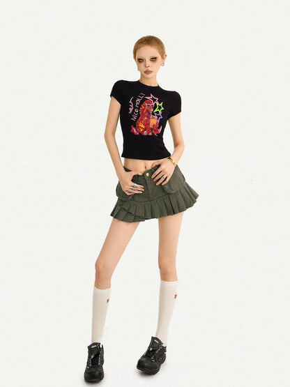 Nico Molly Black Cartoon Print Slim Fit Short Sleeve Round Neck Girlish Women&