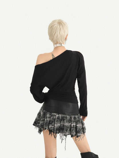 Nico Molly Black Cold Shoulder Letter Print American Style Women&