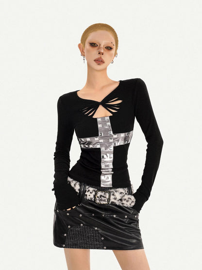 Nico Molly Black Cross Cutout Round Neck Slim Fit Women&