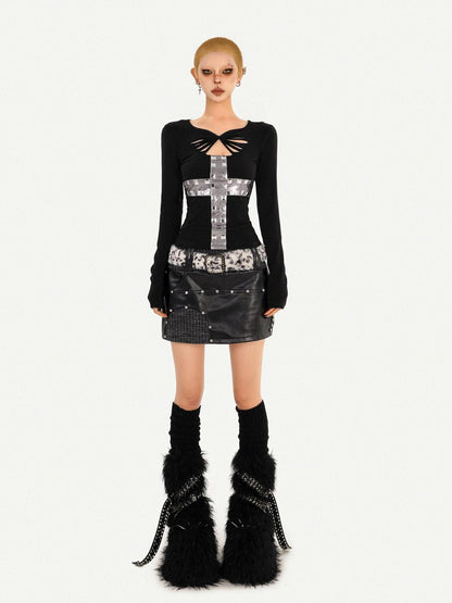 Nico Molly Black Cross Cutout Round Neck Slim Fit Women&