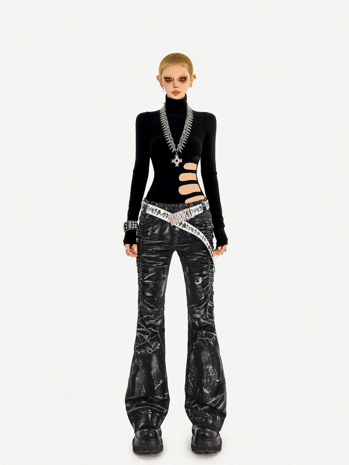 Nico Molly Black Cutout Distressed Mock Neck Slim Fit Women&