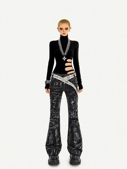 Nico Molly Black Cutout Distressed Mock Neck Slim Fit Women&