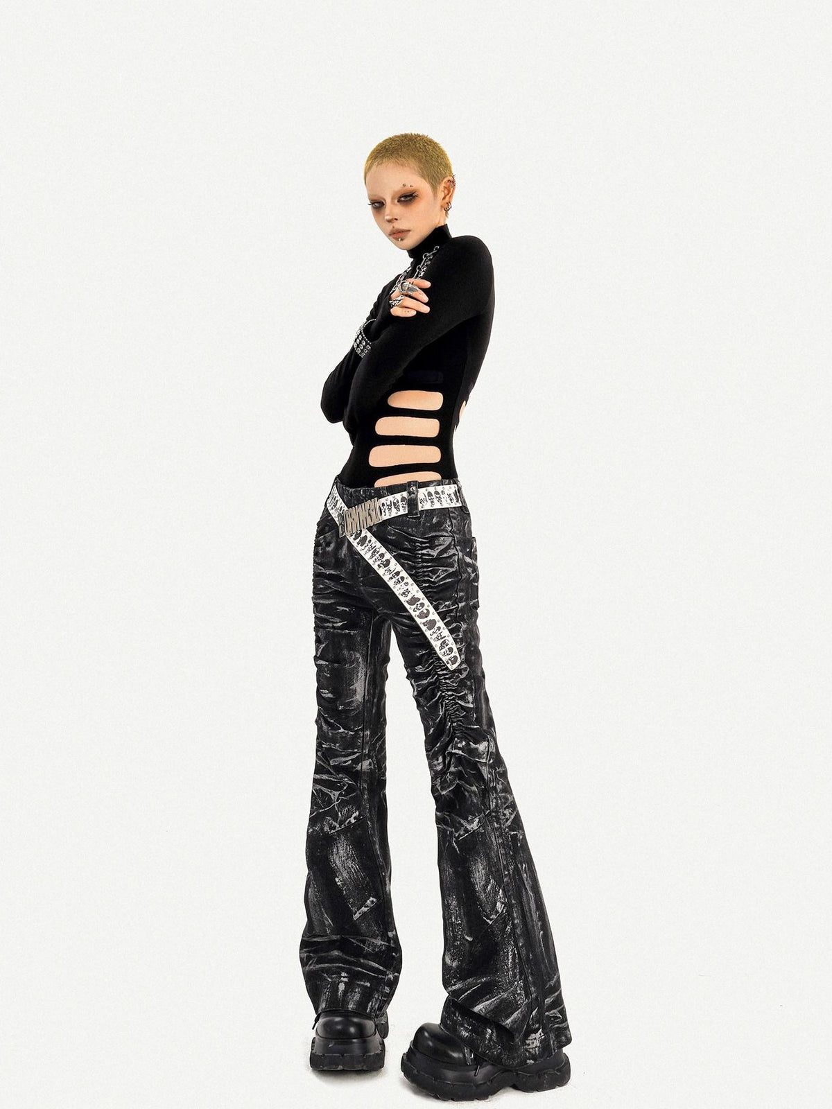 Nico Molly Black Cutout Distressed Mock Neck Slim Fit Women&