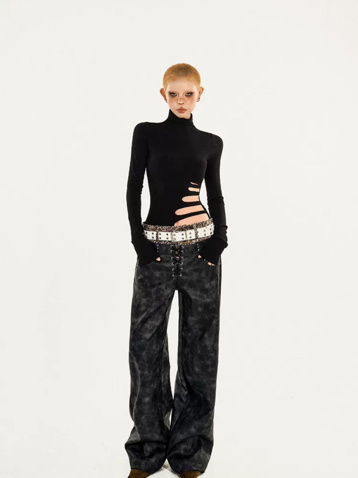 Nico Molly Black Cutout Distressed Mock Neck Slim Fit Women&