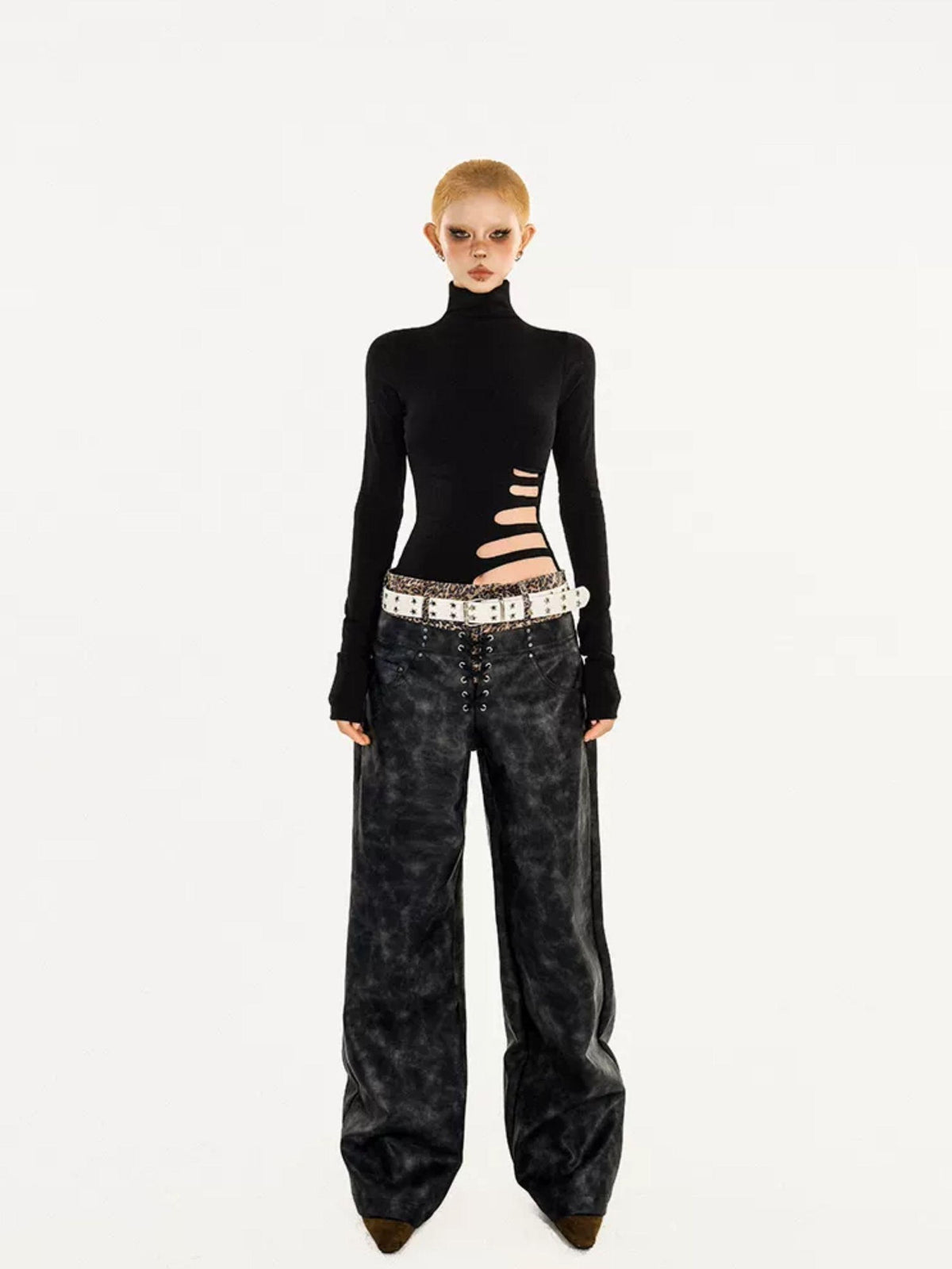 Nico Molly Black Cutout Distressed Mock Neck Slim Fit Women&