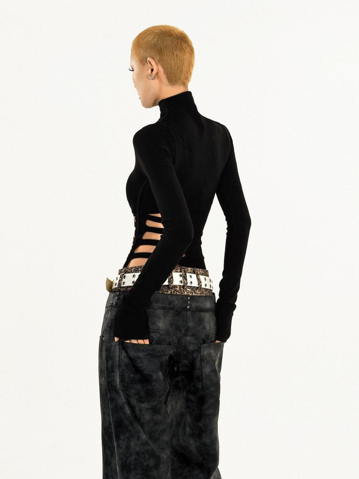 Nico Molly Black Cutout Distressed Mock Neck Slim Fit Women&