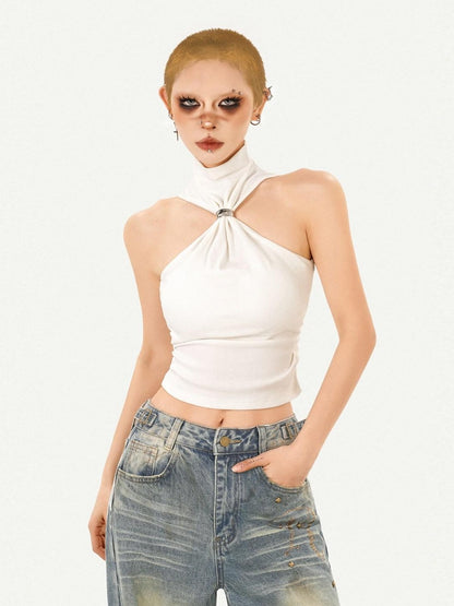 Nico Molly Black Cutout Halter Off Shoulder High Neck Women&