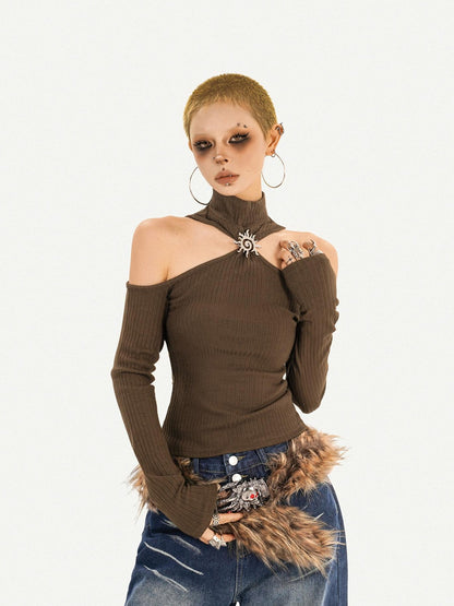 Nico Molly Black Cutout Halter Off Shoulder High Neck Women&