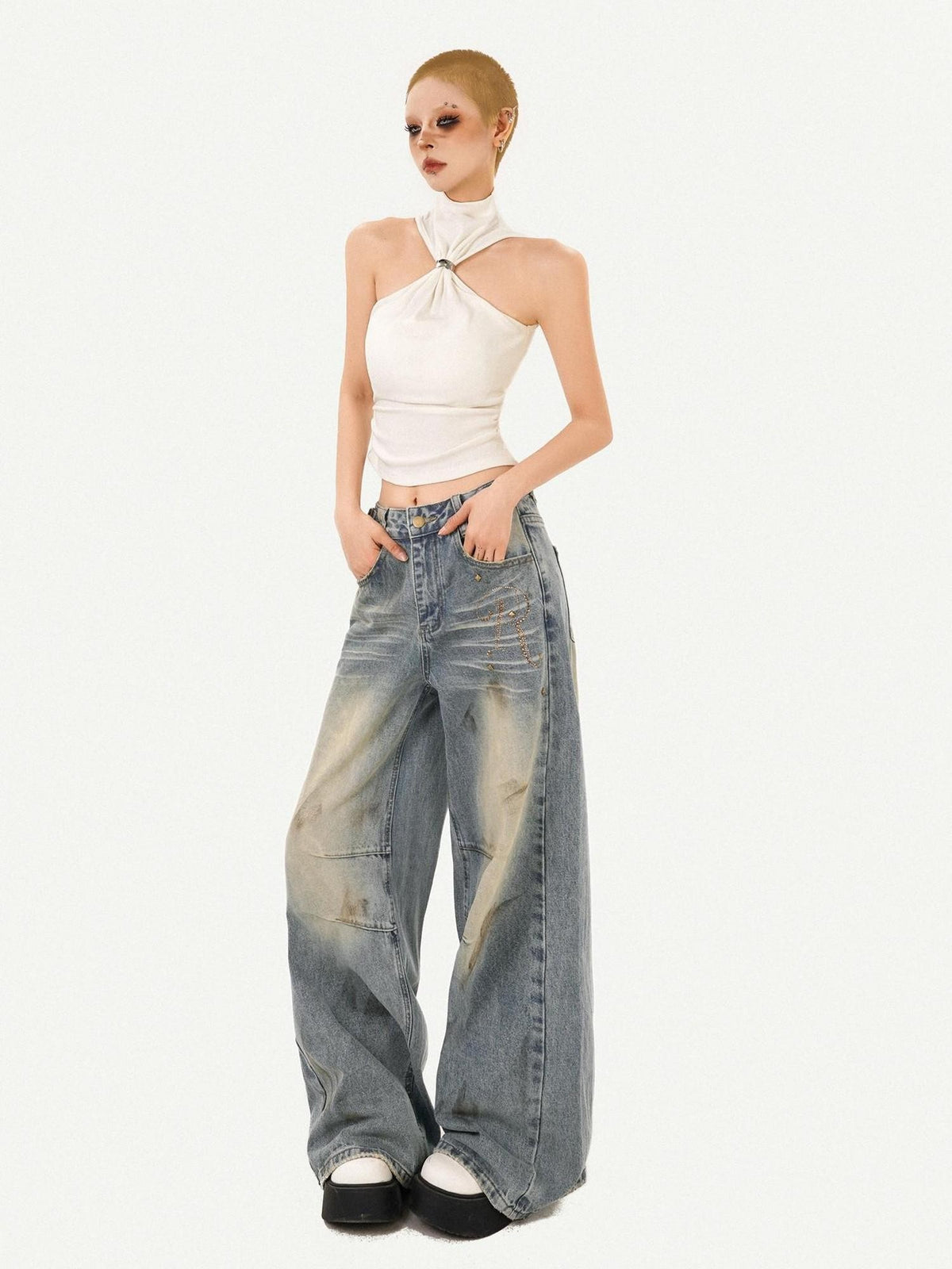 Nico Molly Black Cutout Halter Off Shoulder High Neck Women&