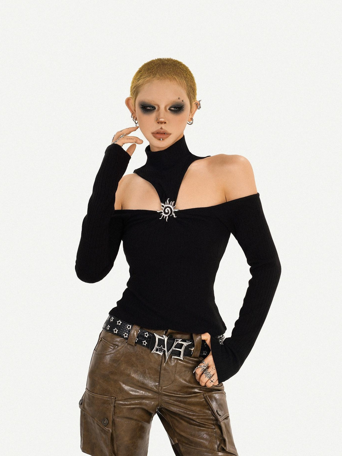 Nico Molly Black Cutout Halter Off Shoulder High Neck Women&