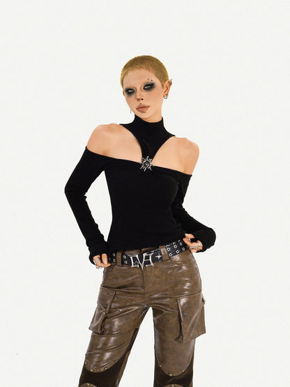 Nico Molly Black Cutout Halter Off Shoulder High Neck Women&