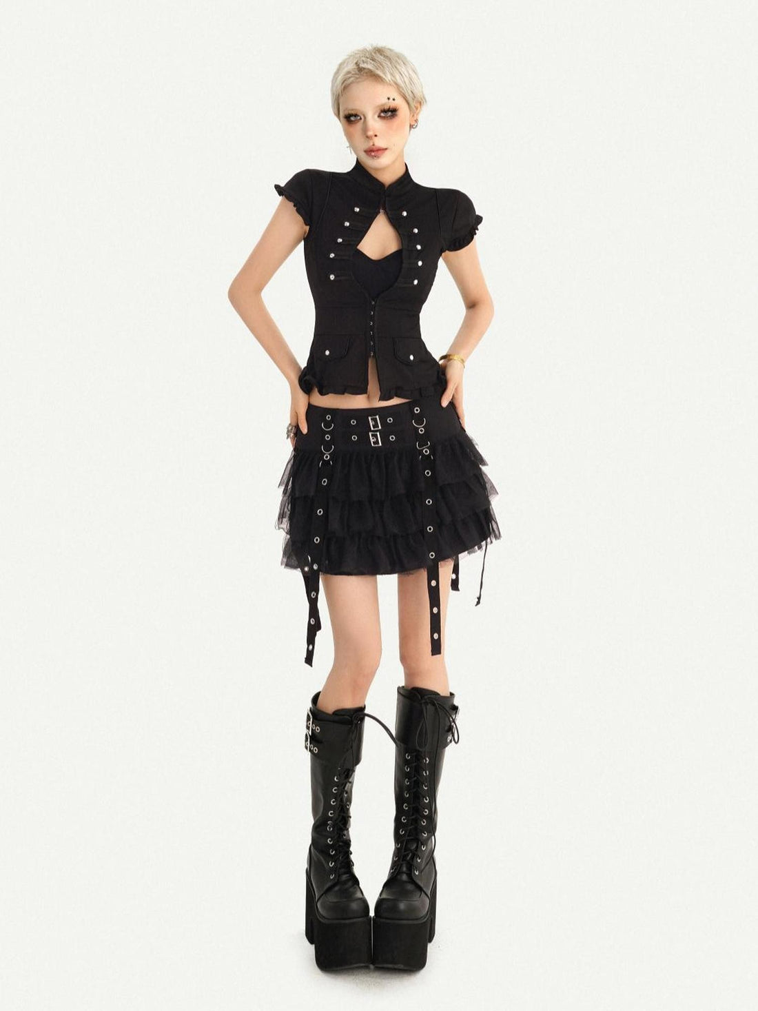 Nico Molly Black Cutout Stand Collar Napoleon Style Women&