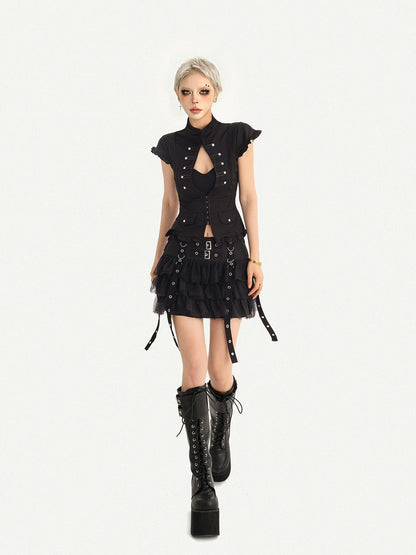 Nico Molly Black Cutout Stand Collar Napoleon Style Women&