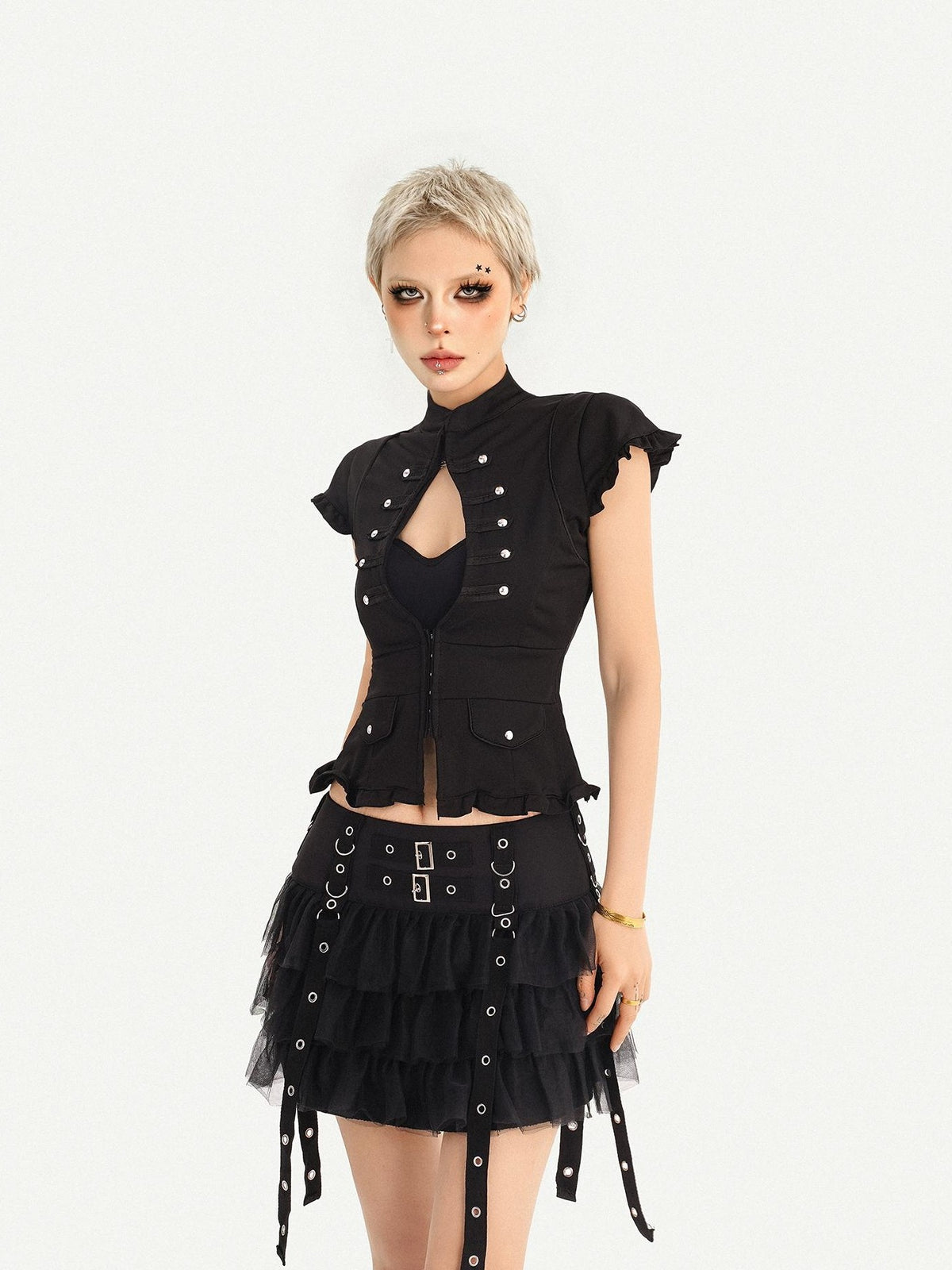 Nico Molly Black Cutout Stand Collar Napoleon Style Women&