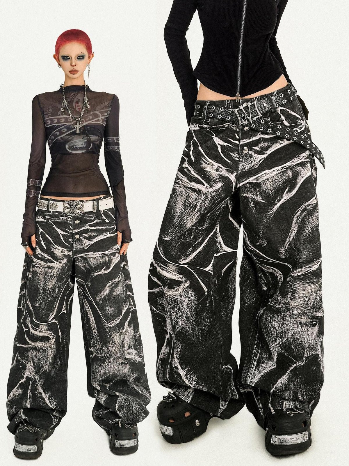 Nico Molly Black Dark Punk Wavy Washed Pleated Women&