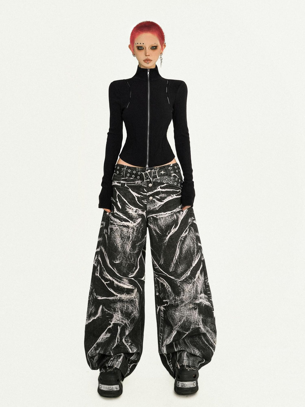 Nico Molly Black Dark Punk Wavy Washed Pleated Women&