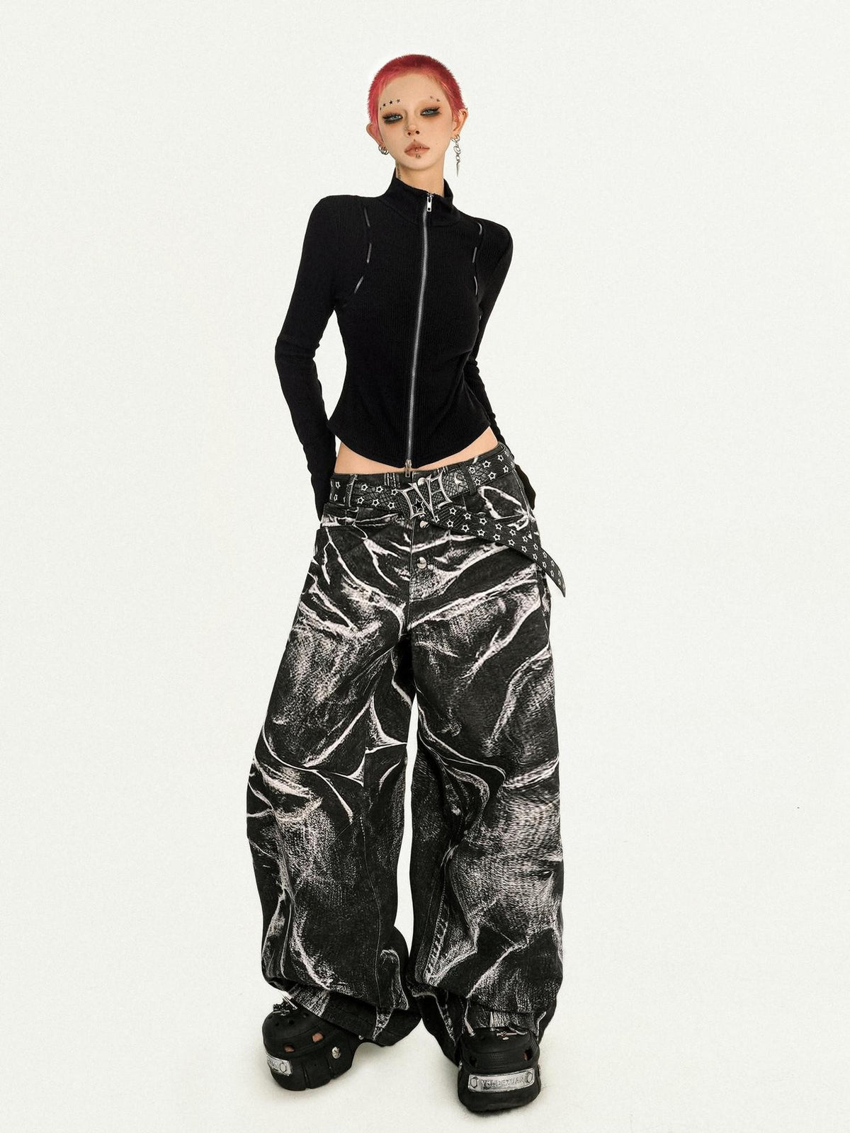 Nico Molly Black Dark Punk Wavy Washed Pleated Women&
