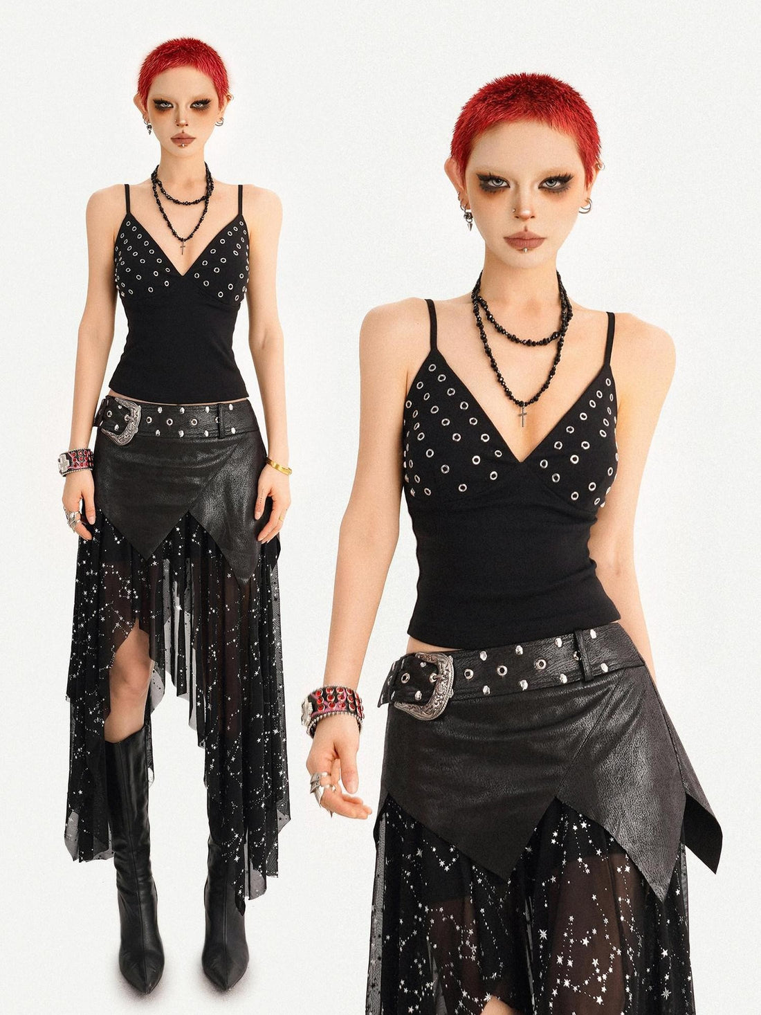 Nico Molly Black Deep V Metal Rhinestone Slim Fit Short Women&