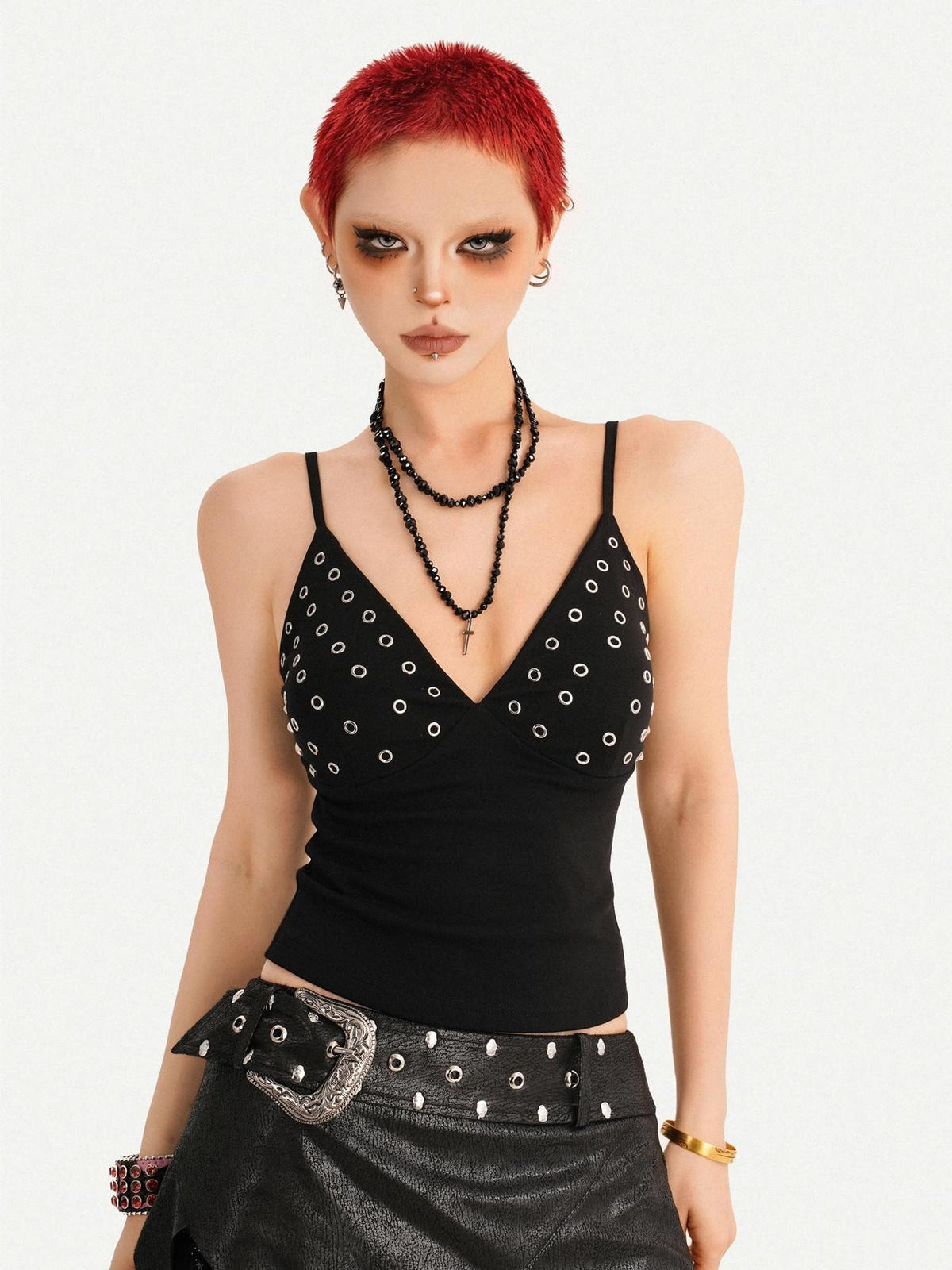 Nico Molly Black Deep V Metal Rhinestone Slim Fit Short Women&
