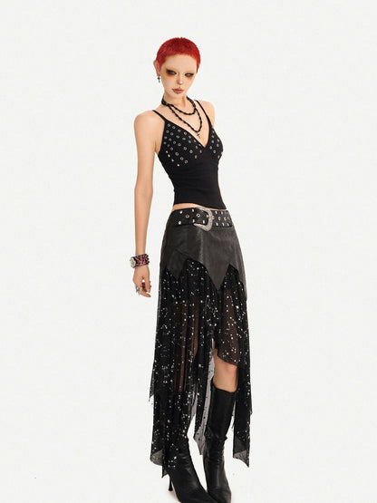 Nico Molly Black Deep V Metal Rhinestone Slim Fit Short Women&