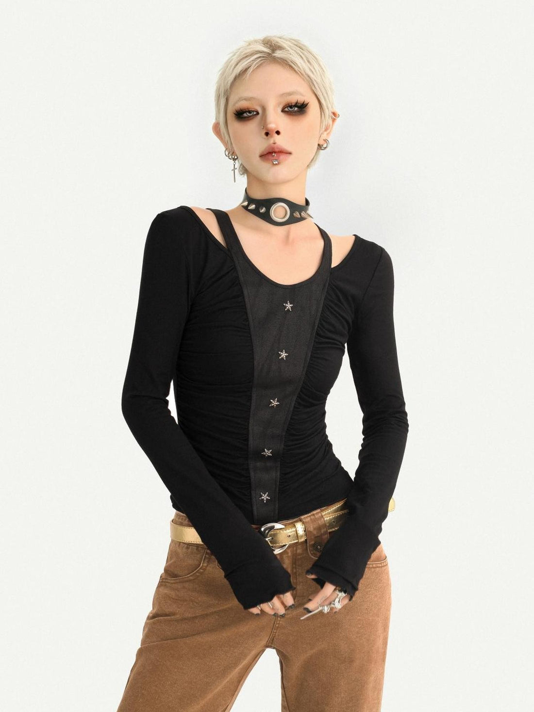Nico Molly Black Faux Layered Star Trim Slim Fit Women&
